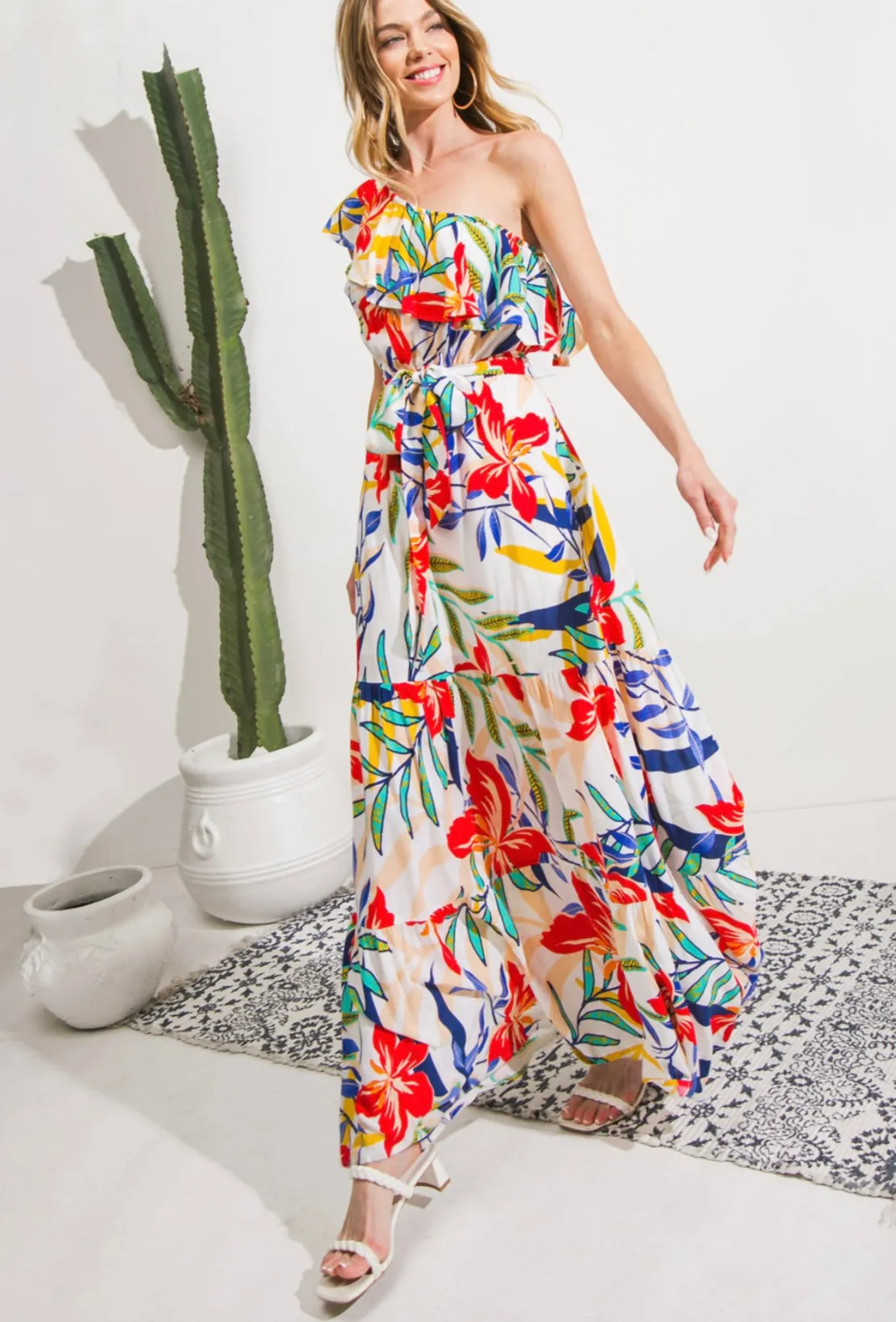 One Shoulder Floral Print Maxi Dress