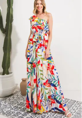 One Shoulder Floral Print Maxi Dress