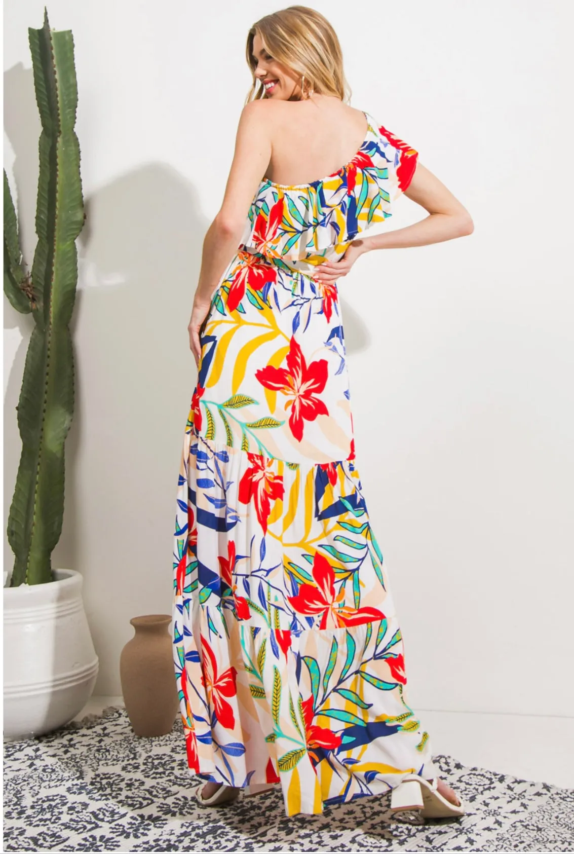 One Shoulder Floral Print Maxi Dress