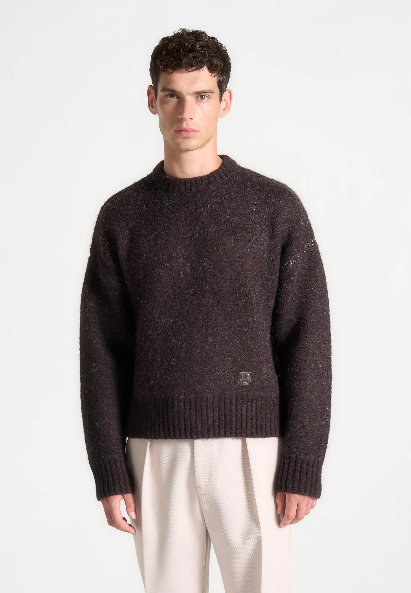 Art Slogan Brushed Wool Knit Jumper - Brown