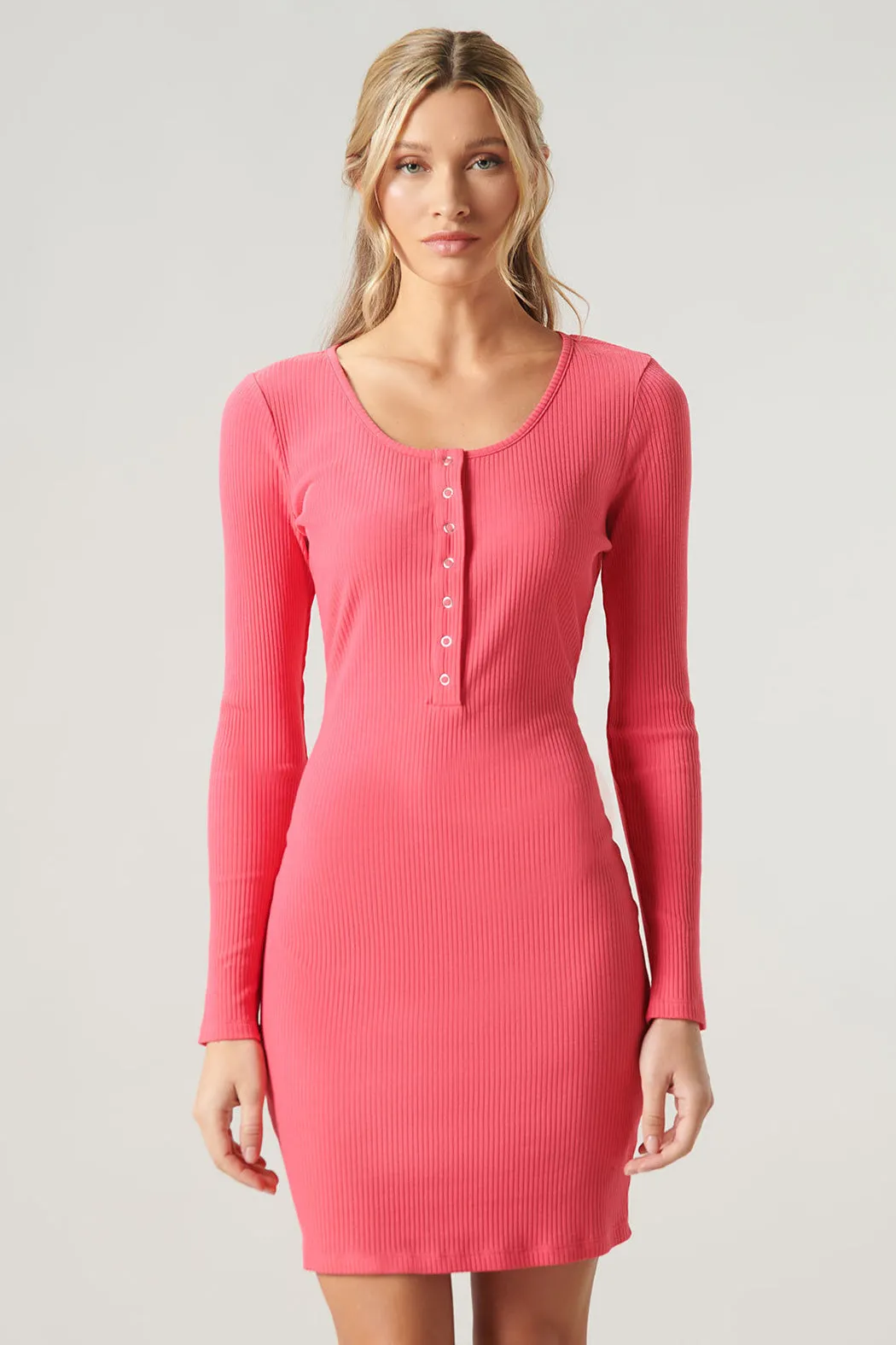 Avignon Ribbed Knit Long Sleeve Henley Mini Dress