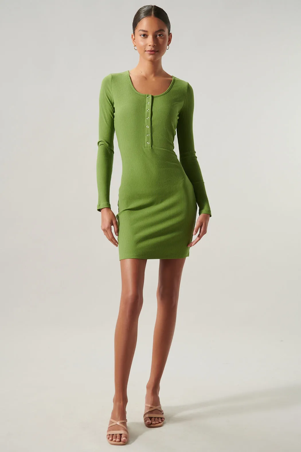 Avignon Ribbed Knit Long Sleeve Henley Mini Dress