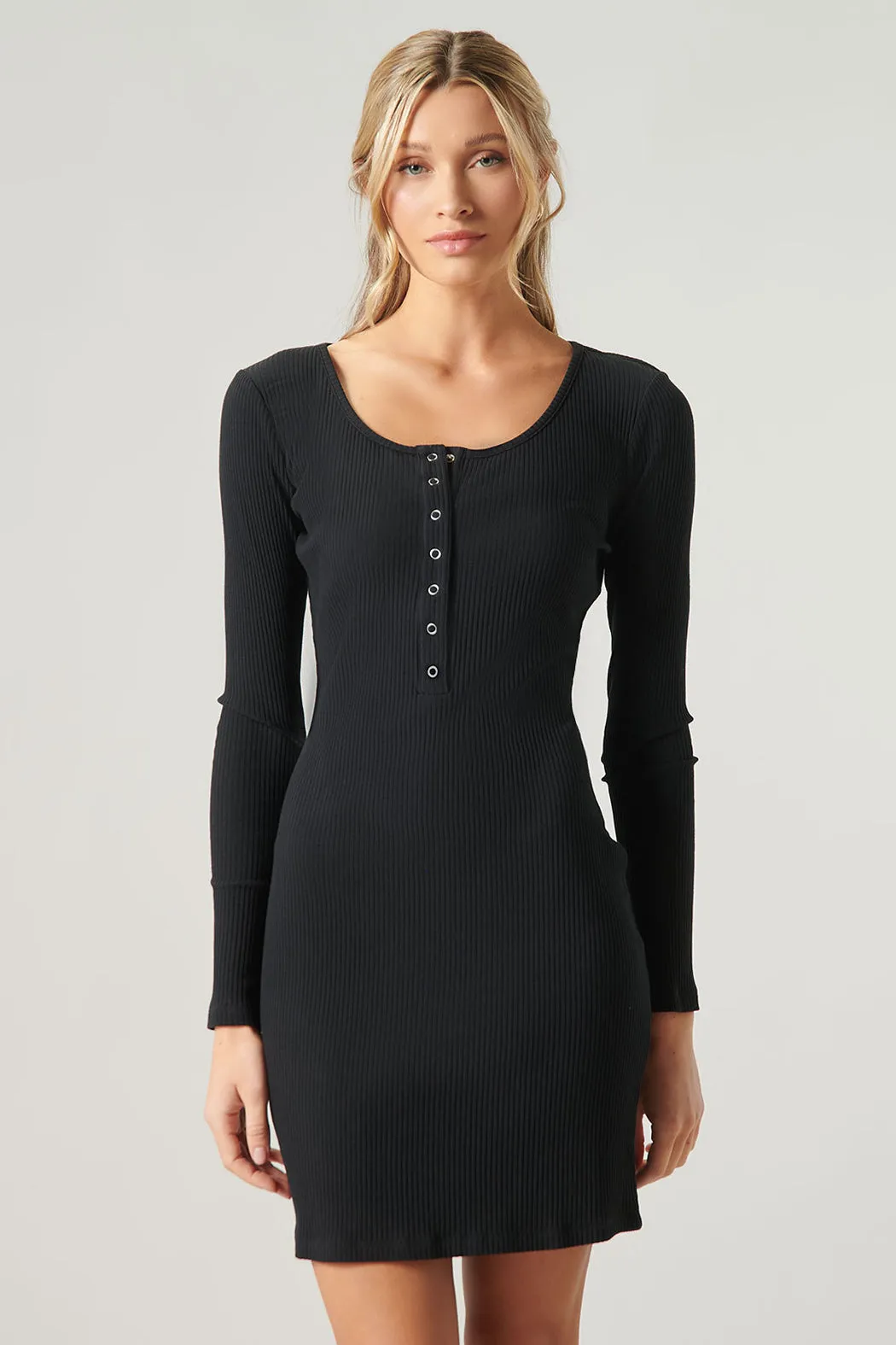 Avignon Ribbed Knit Long Sleeve Henley Mini Dress