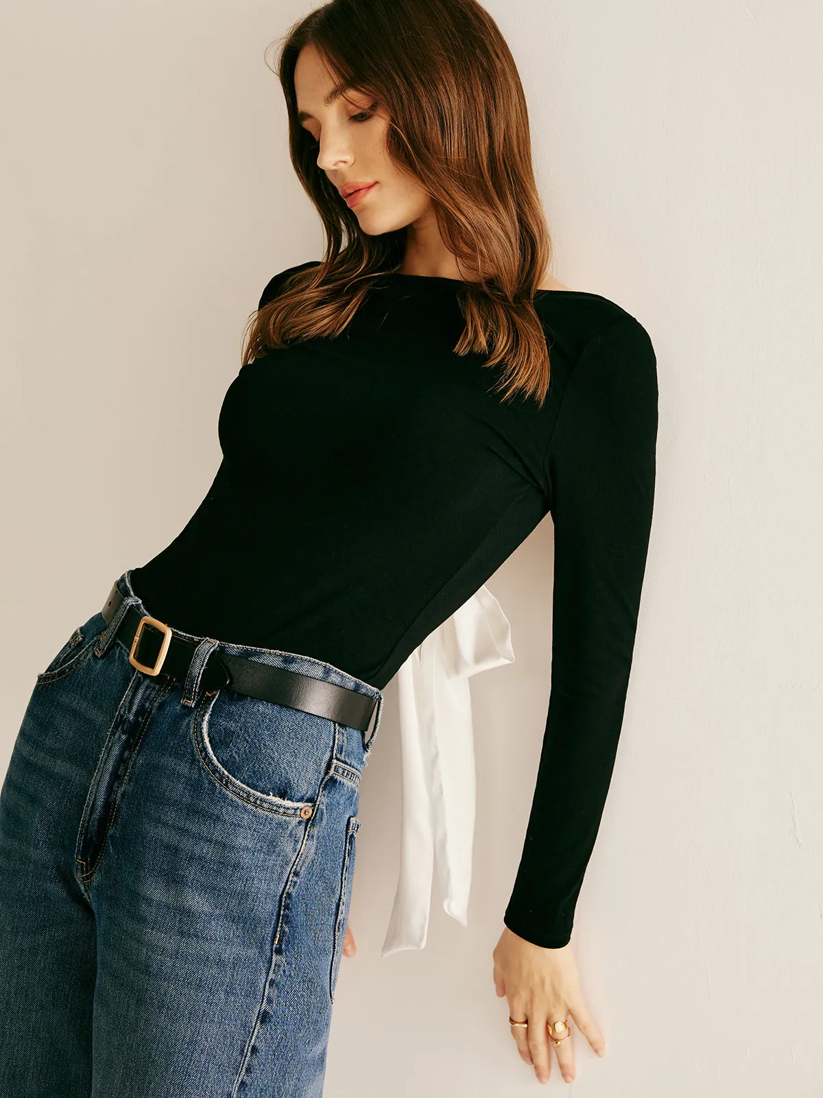 Backless Long Sleeve Tie T-Shirt