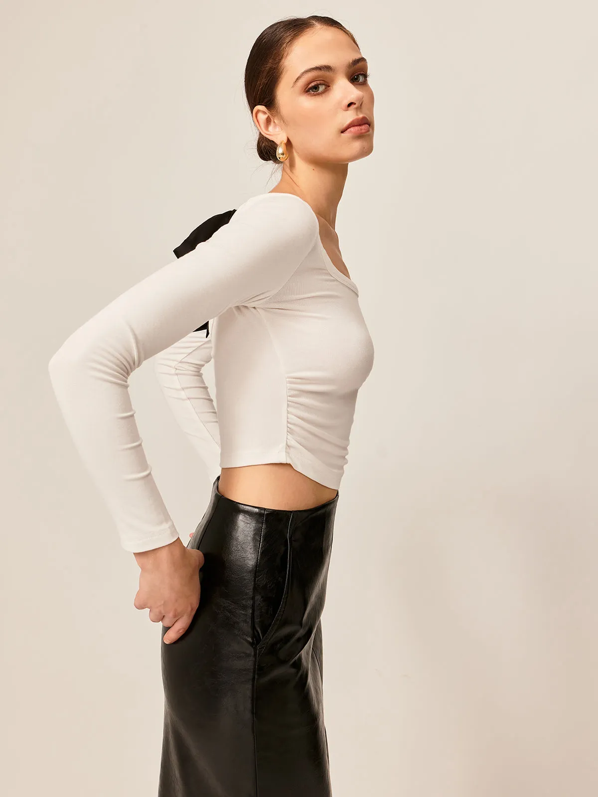 Backless Pleated Bow Crop T-Shirt