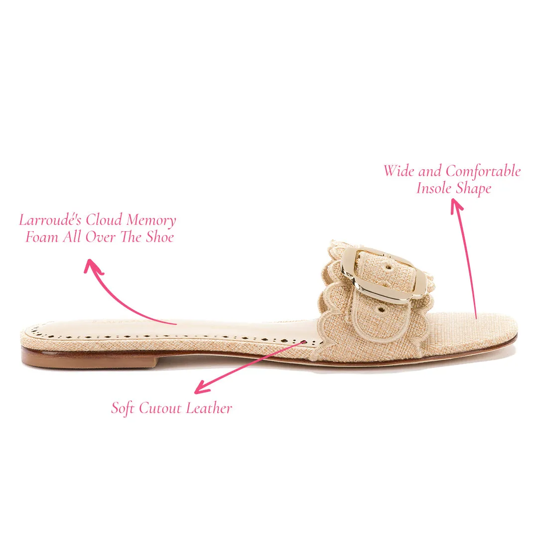 Beige Raffia Flat Mule with Ivy Broderie