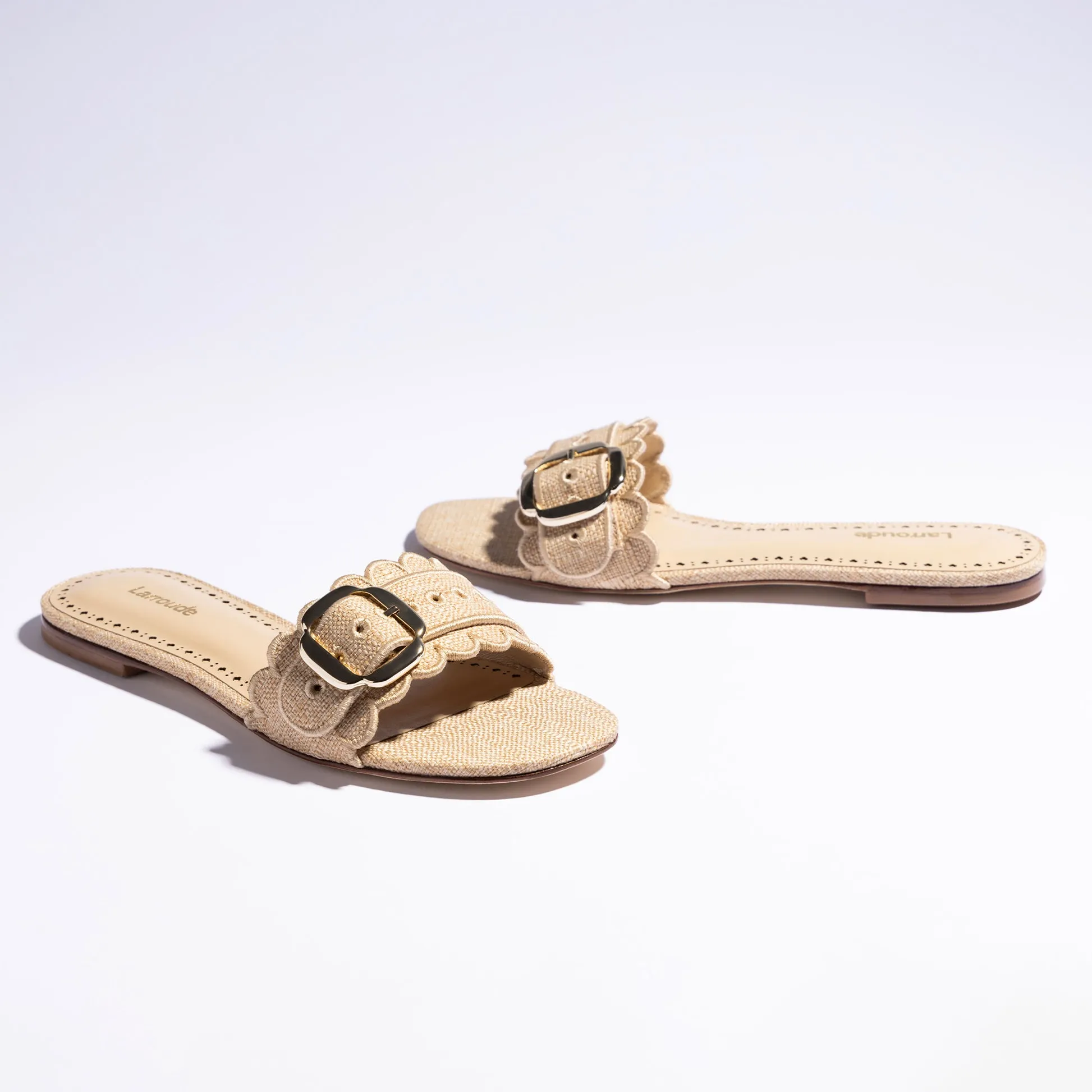 Beige Raffia Flat Mule with Ivy Broderie