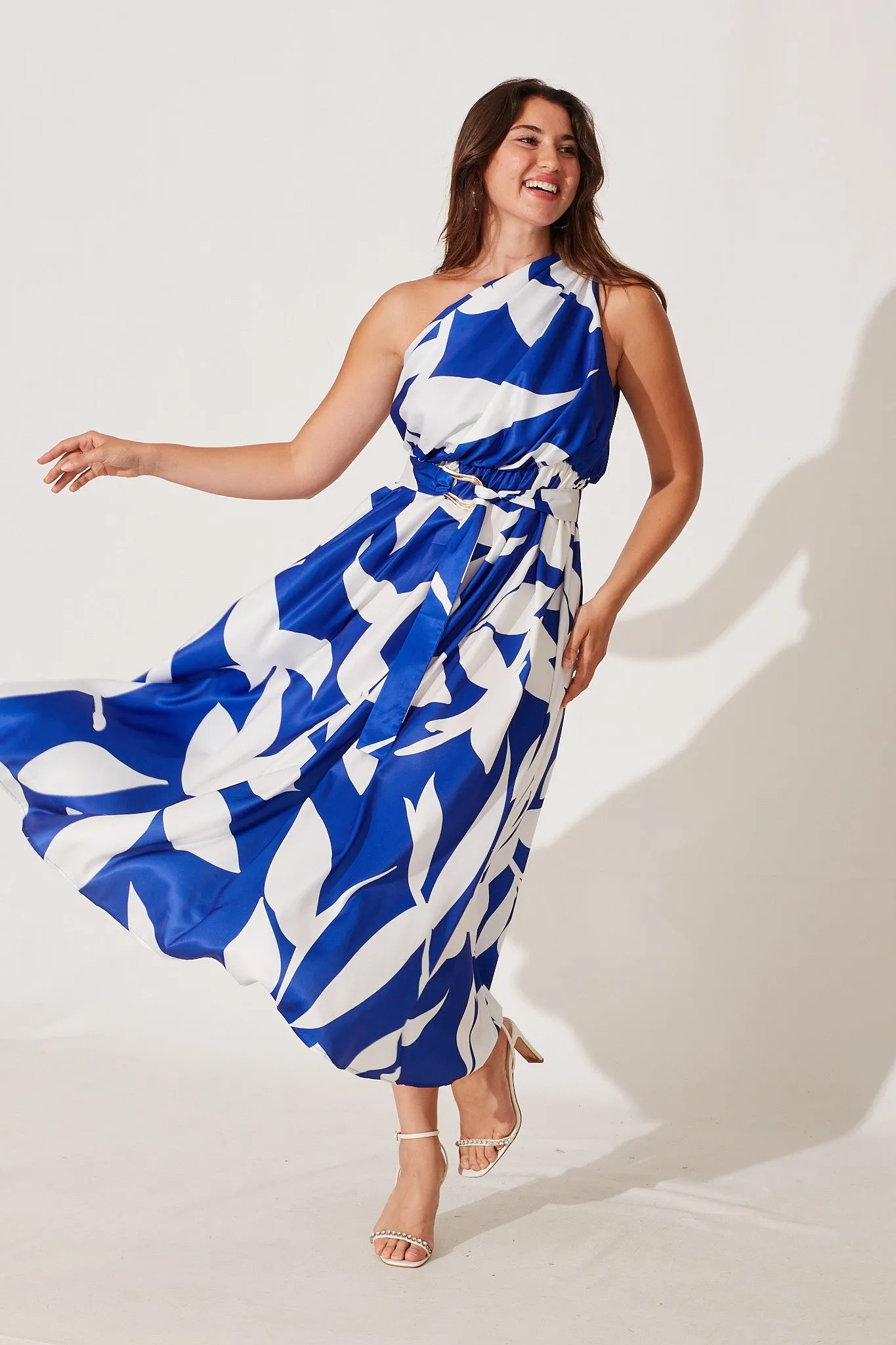 Bernadette One Shoulder Midi Dress In Blue With White Print Satin