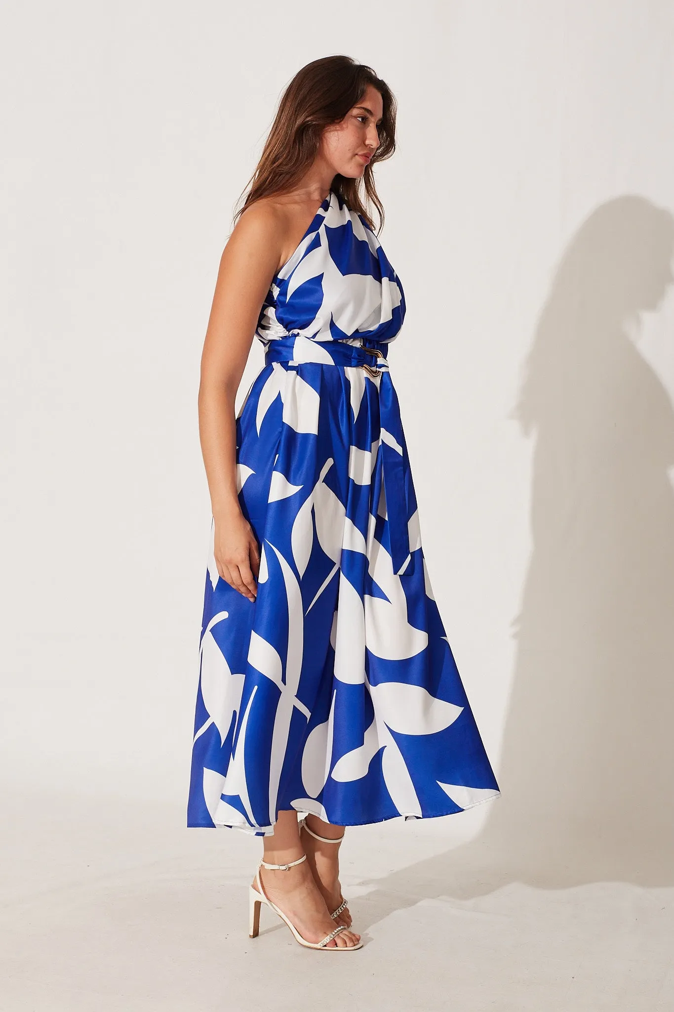 Bernadette One Shoulder Midi Dress In Blue With White Print Satin