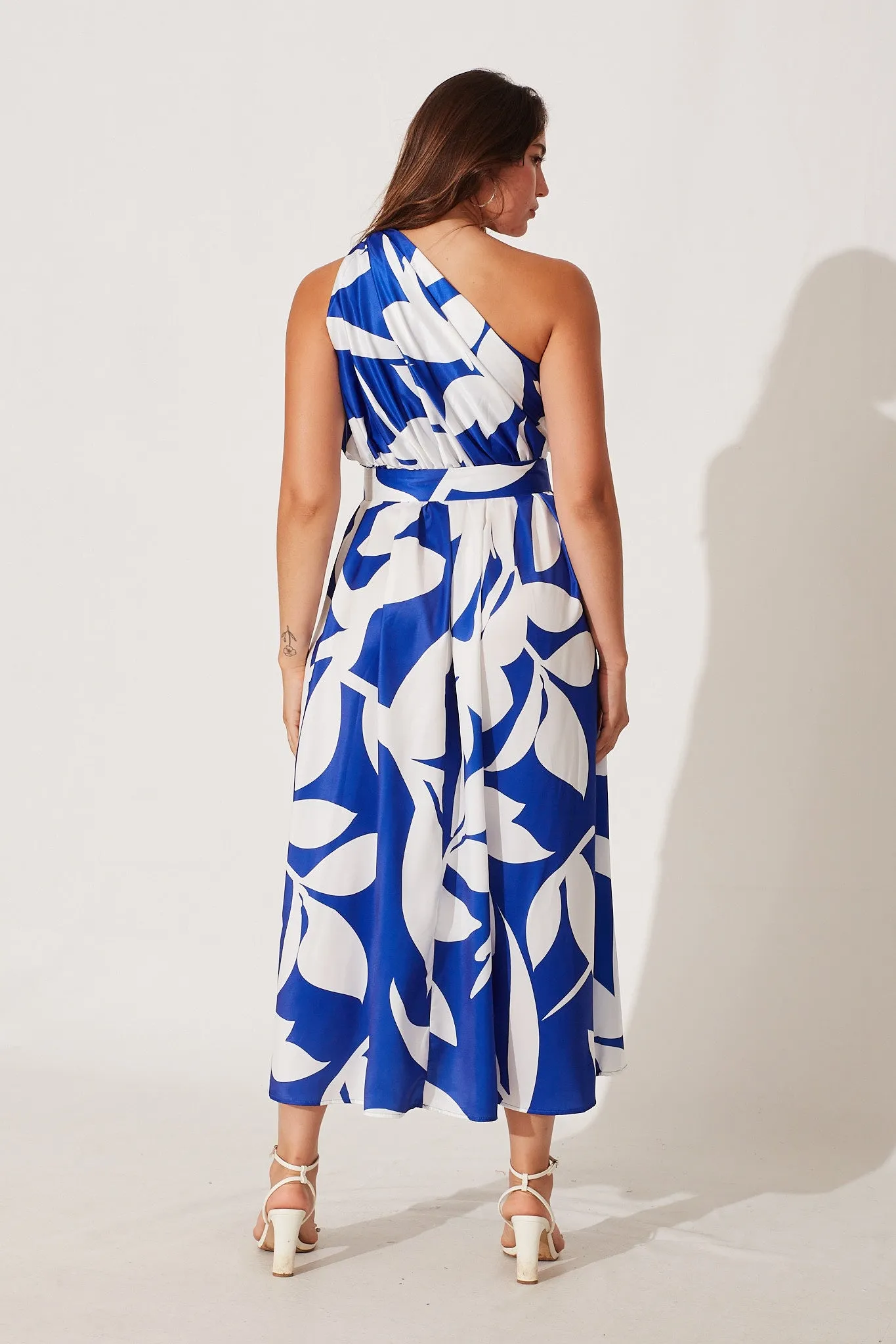 Bernadette One Shoulder Midi Dress In Blue With White Print Satin