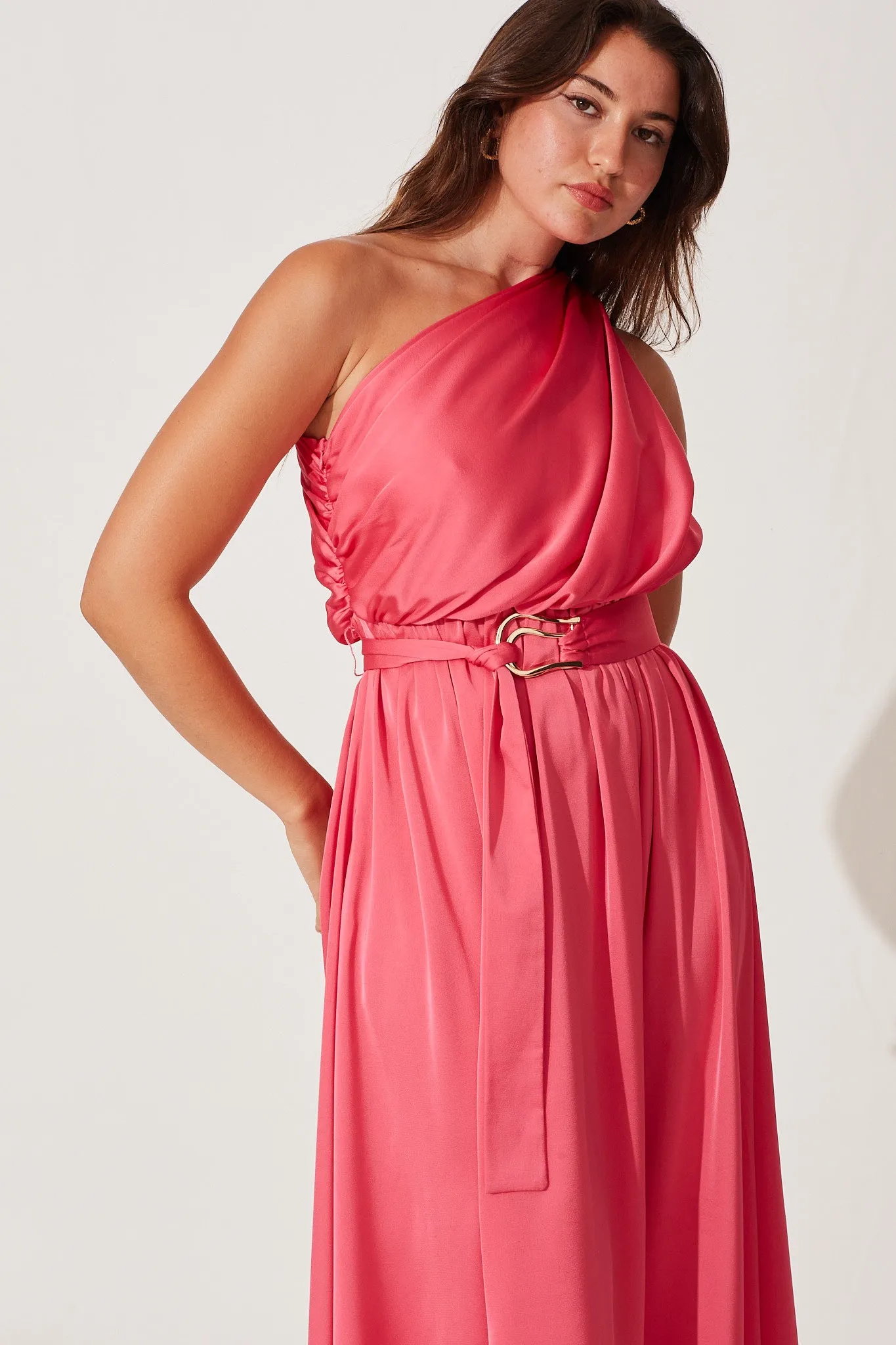 Bernadette One Shoulder Midi Dress In Pink Satin