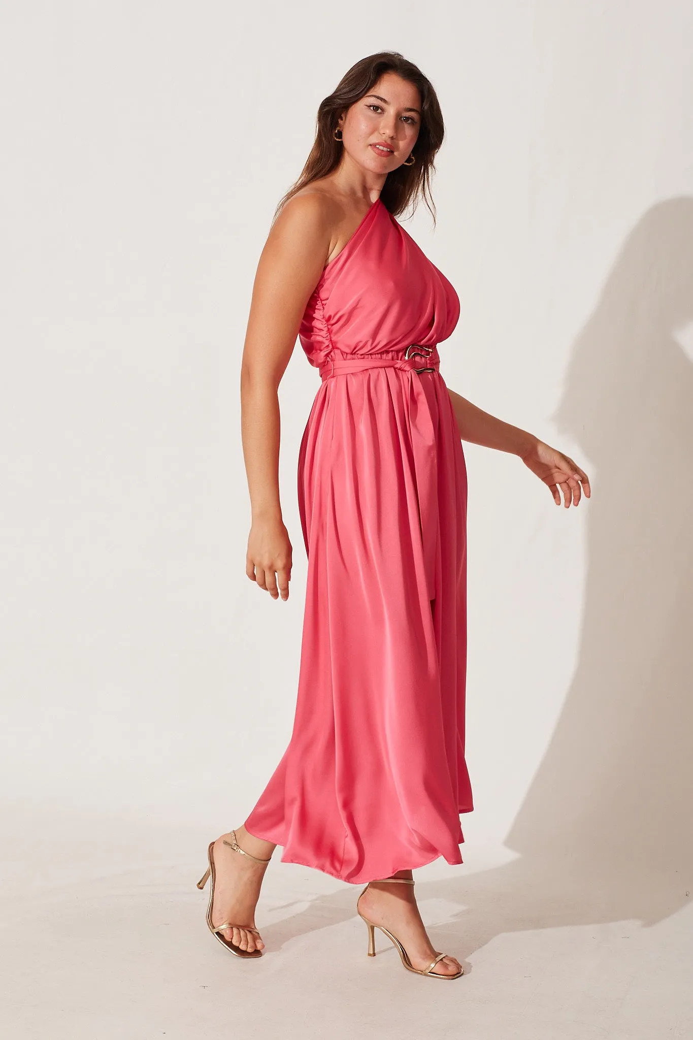 Bernadette One Shoulder Midi Dress In Pink Satin