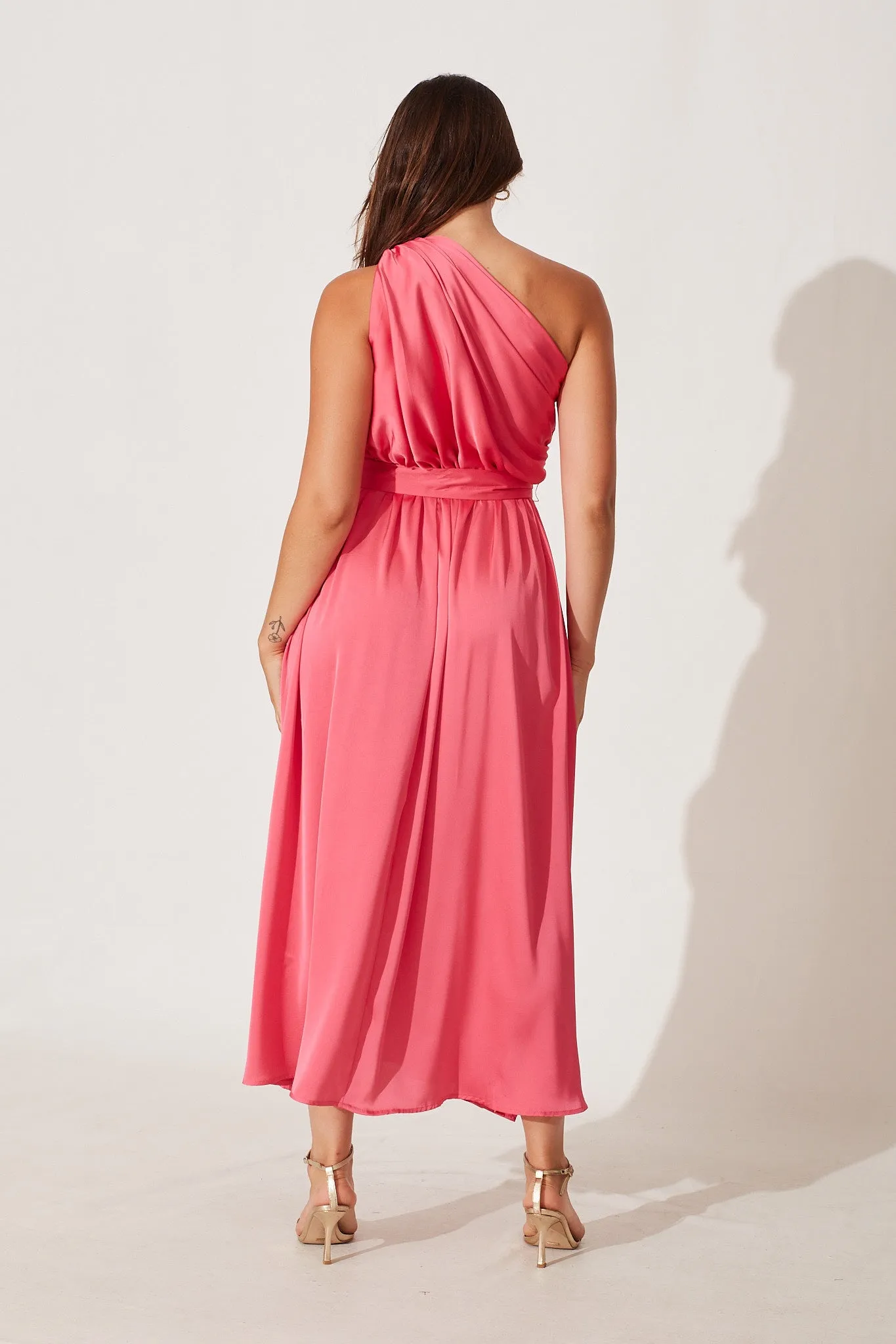 Bernadette One Shoulder Midi Dress In Pink Satin