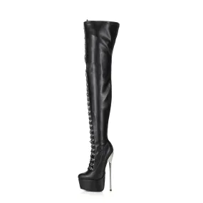 Black Giaro high metal heeled fetish lace up thigh boots