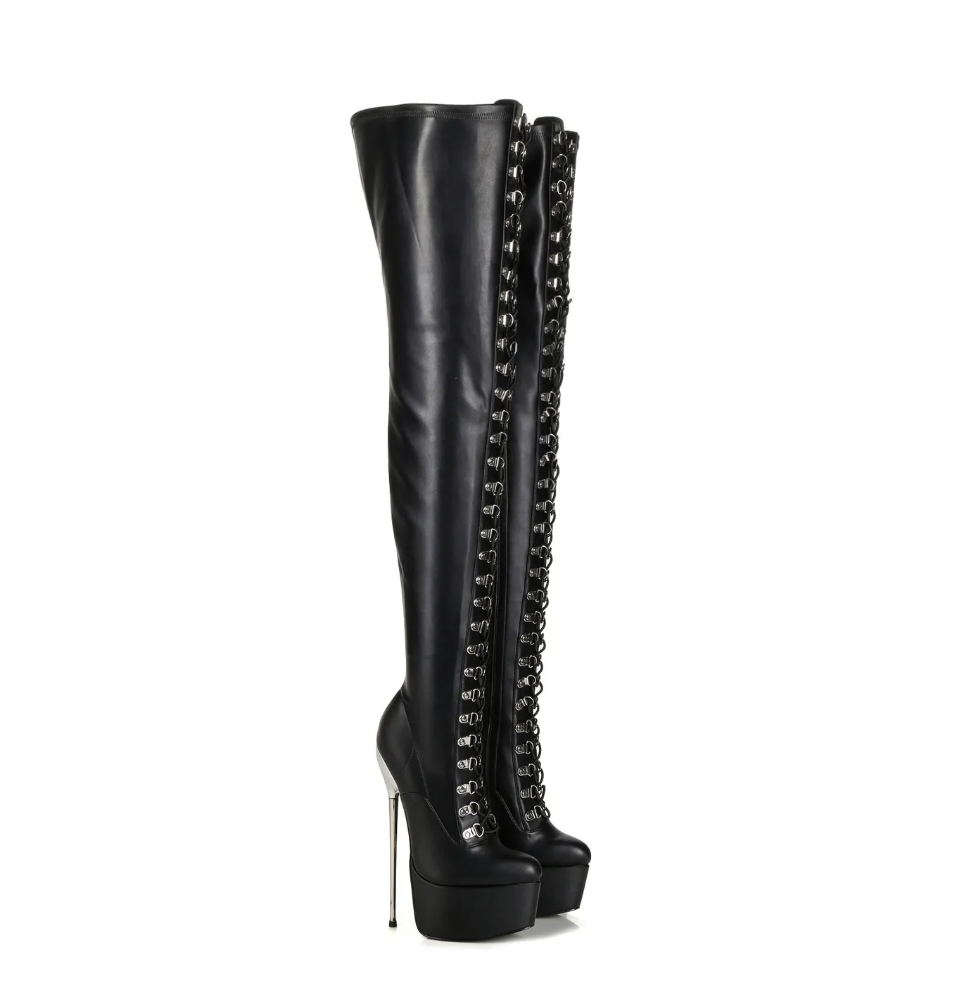 Black Giaro high metal heeled fetish lace up thigh boots