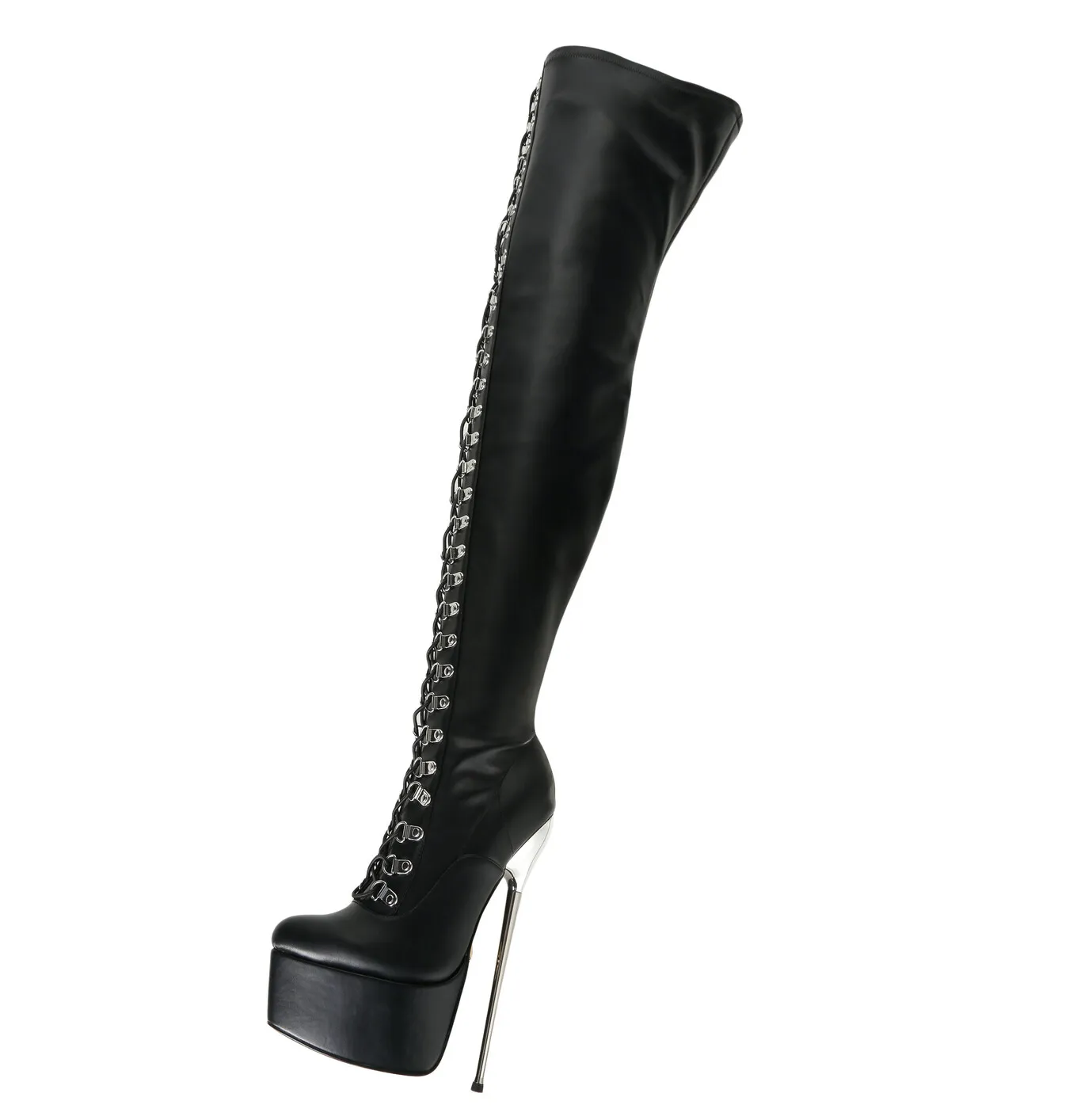 Black Giaro high metal heeled fetish lace up thigh boots