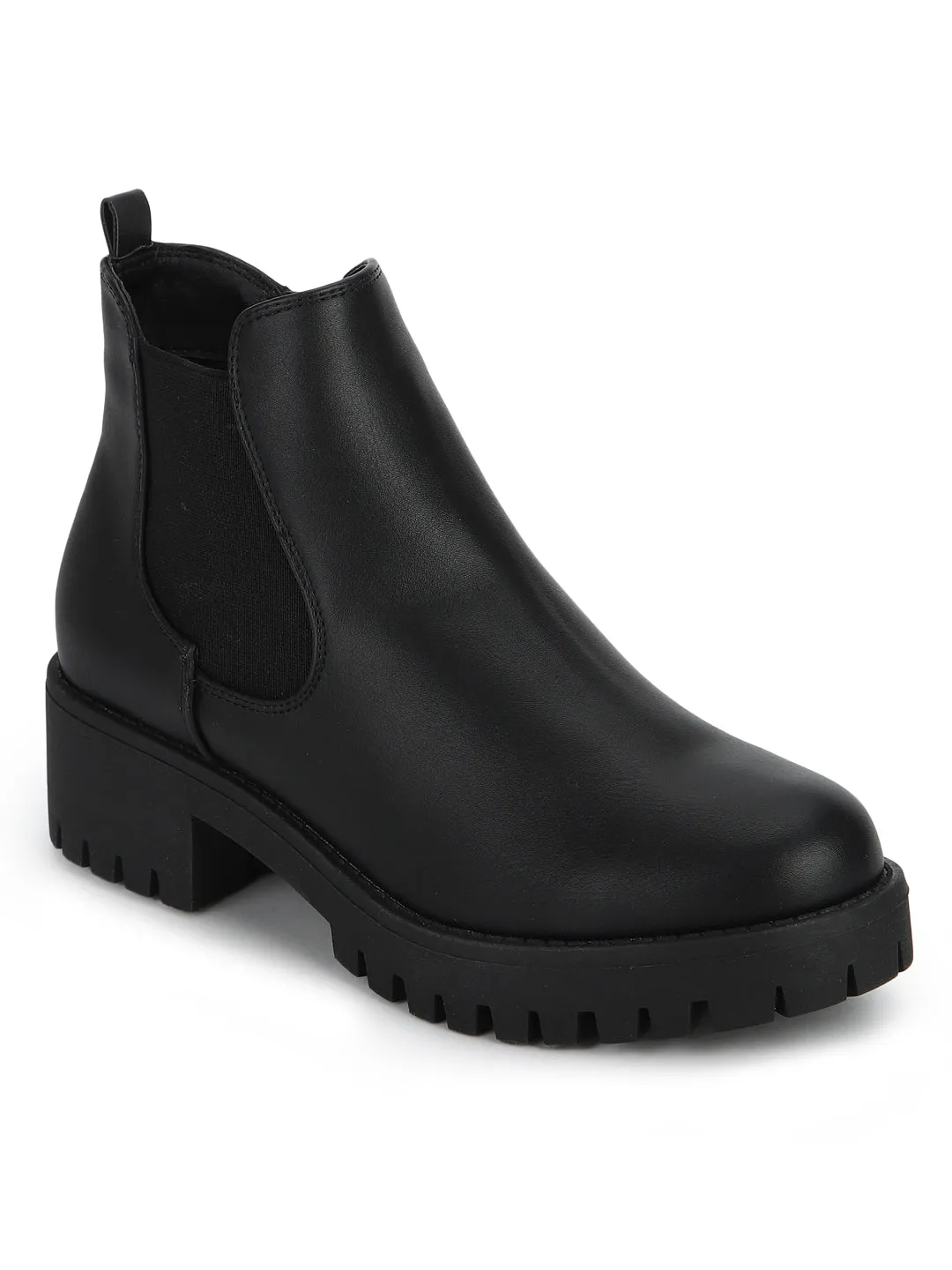 Black PU Elasticated Low Block Heel Ankle Boots