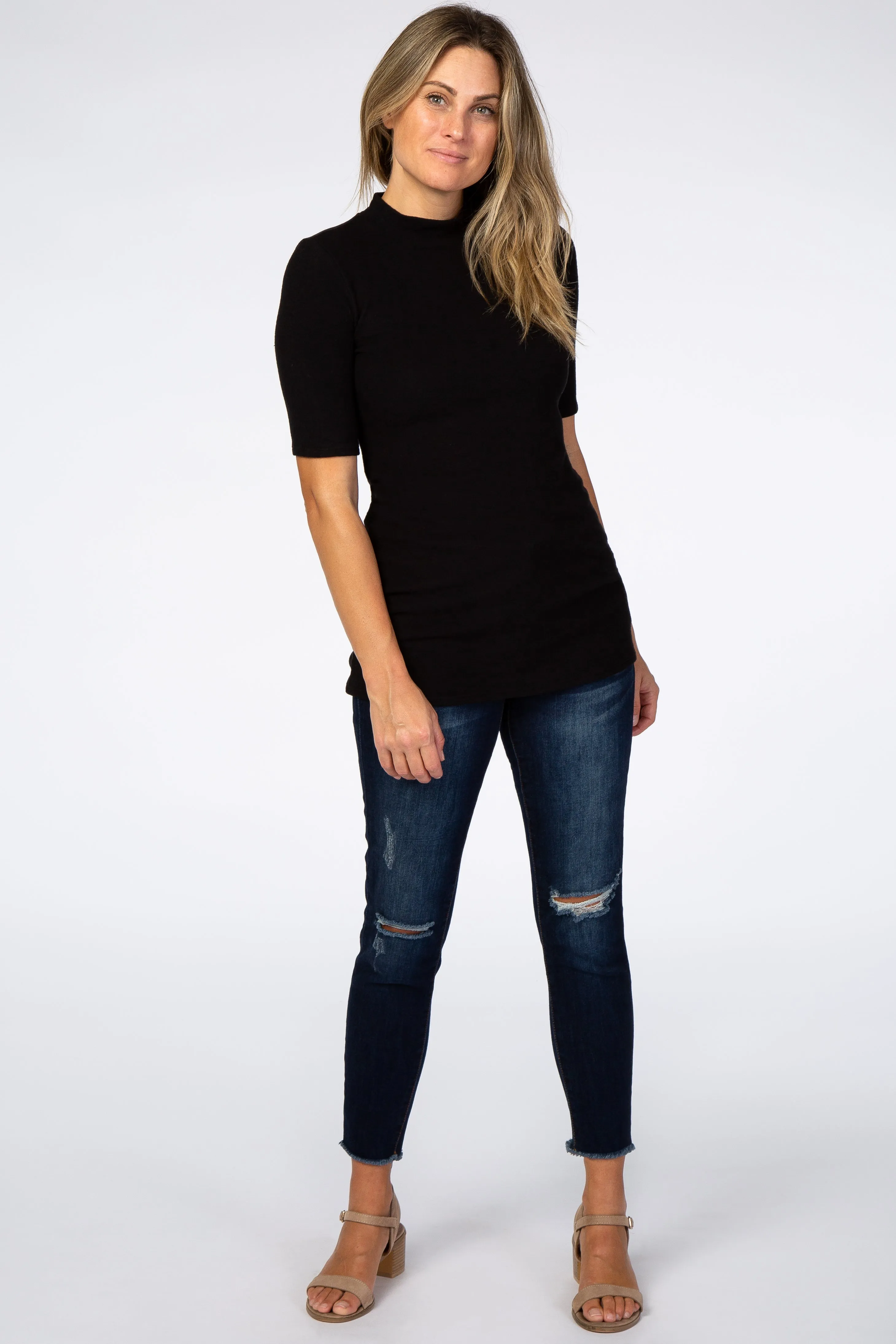 Women's Mock Neck Knit Top in Black Soft Brushed Fabric