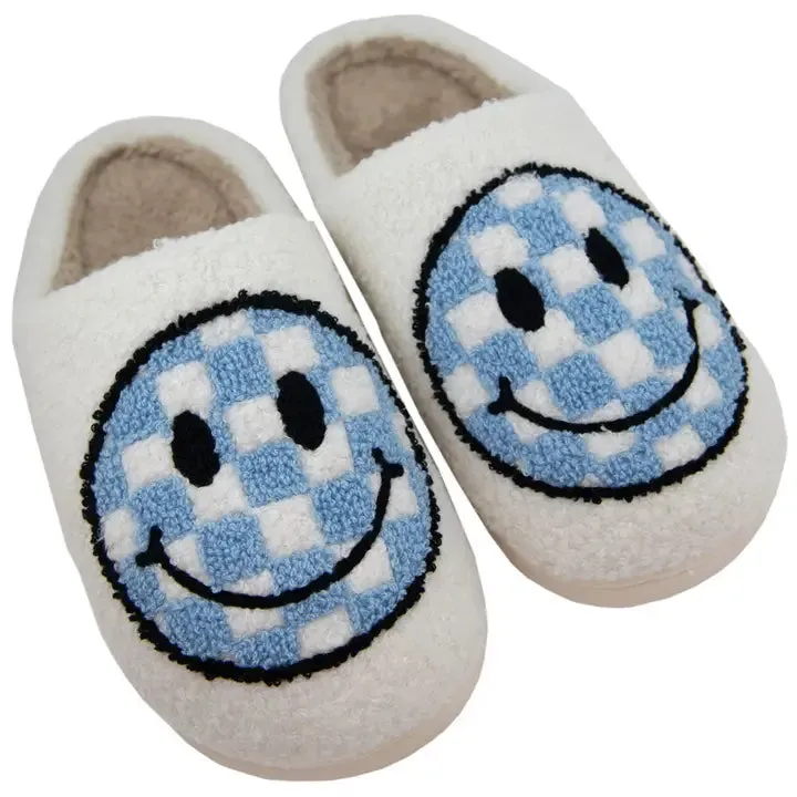 Blue Checkered Smiley Face Slippers