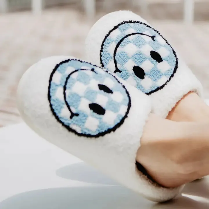 Blue Checkered Smiley Face Slippers