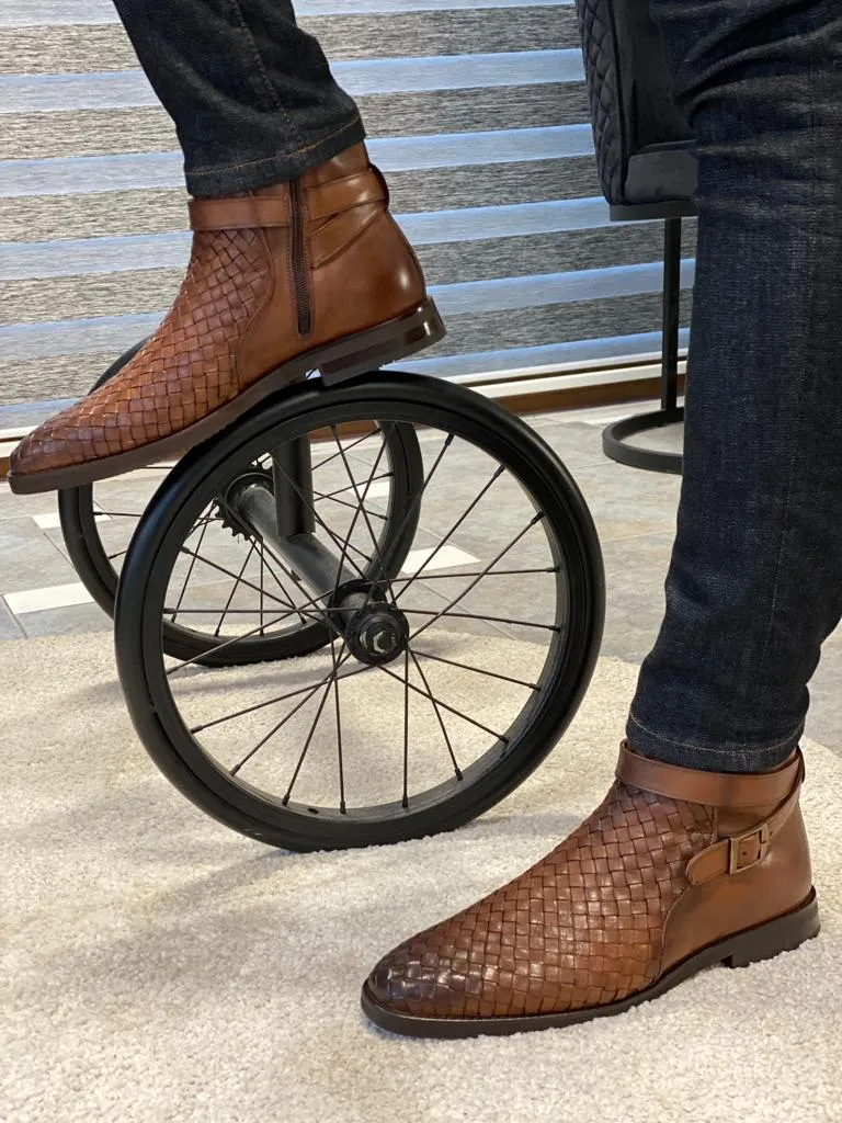 Bojoni Lorentti Brown Woven Leather Buckle Chelsea Boots