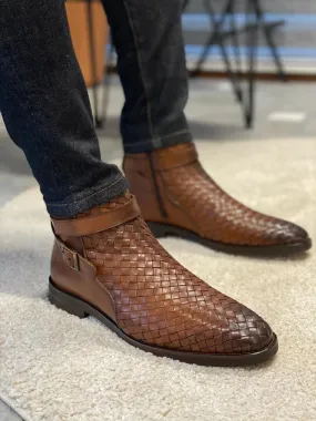 Bojoni Lorentti Brown Woven Leather Buckle Chelsea Boots