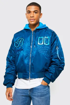 Boxy Nylon Varsity Bomber With Jersey Hood