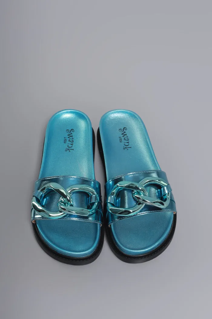 Brain Freeze Metallic Buckle Slides - Blue