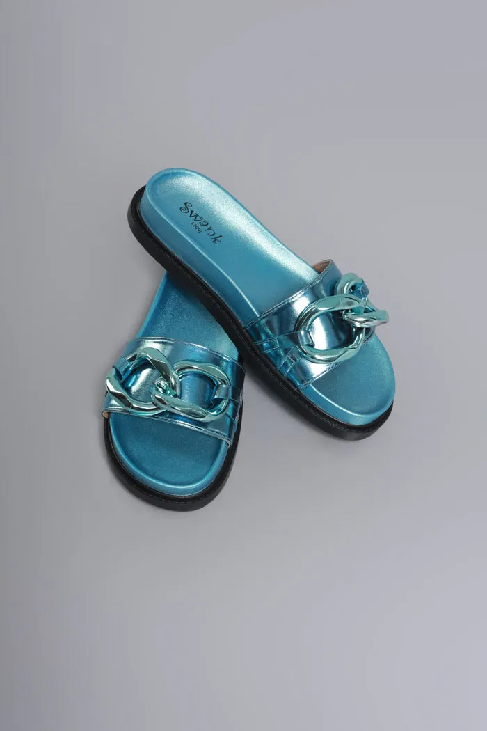 Brain Freeze Metallic Buckle Slides - Blue