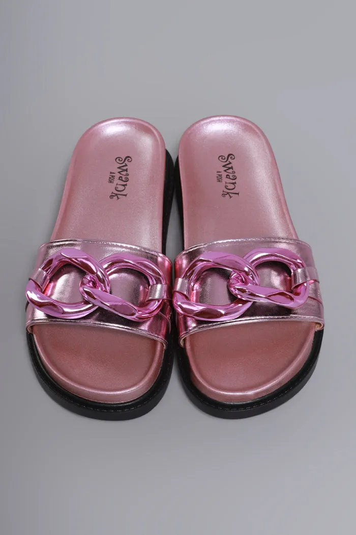 Brain Freeze Metallic Buckle Slides - Pink