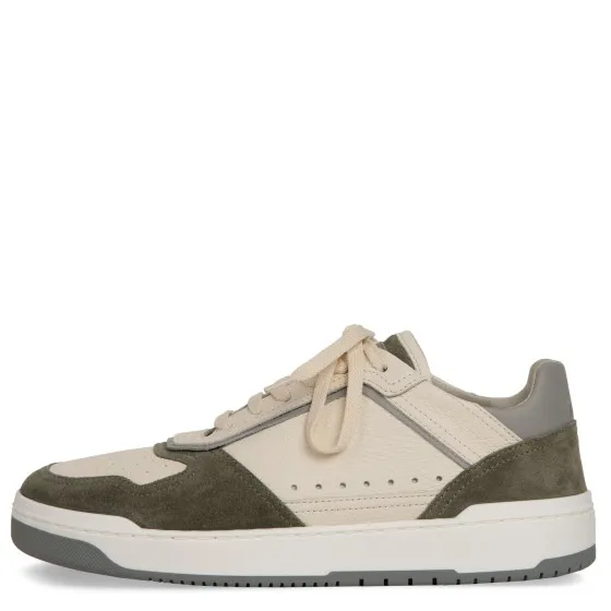 BRUNELLO CUCINELLI Olive White Grained Calfskin and Washed Suede Basket Trainers