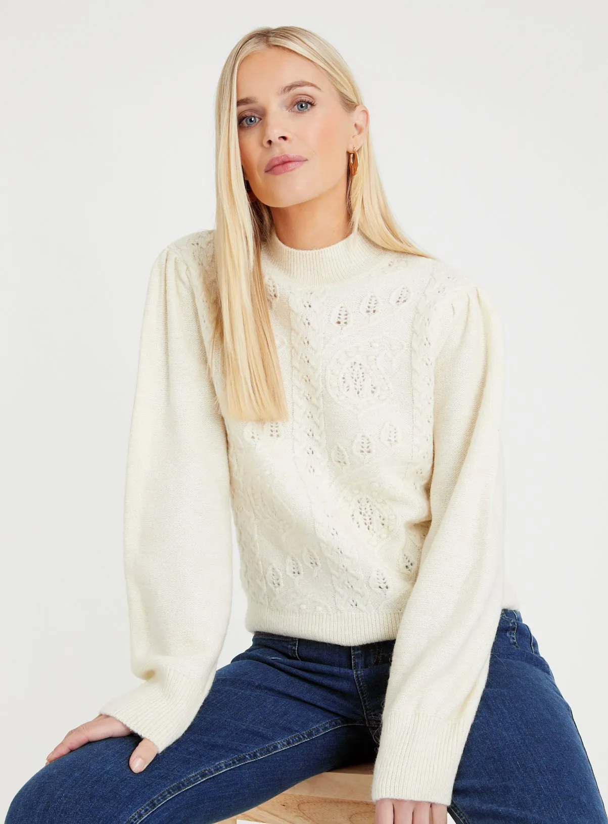 Cream Cable Design High Neck Jumper  S