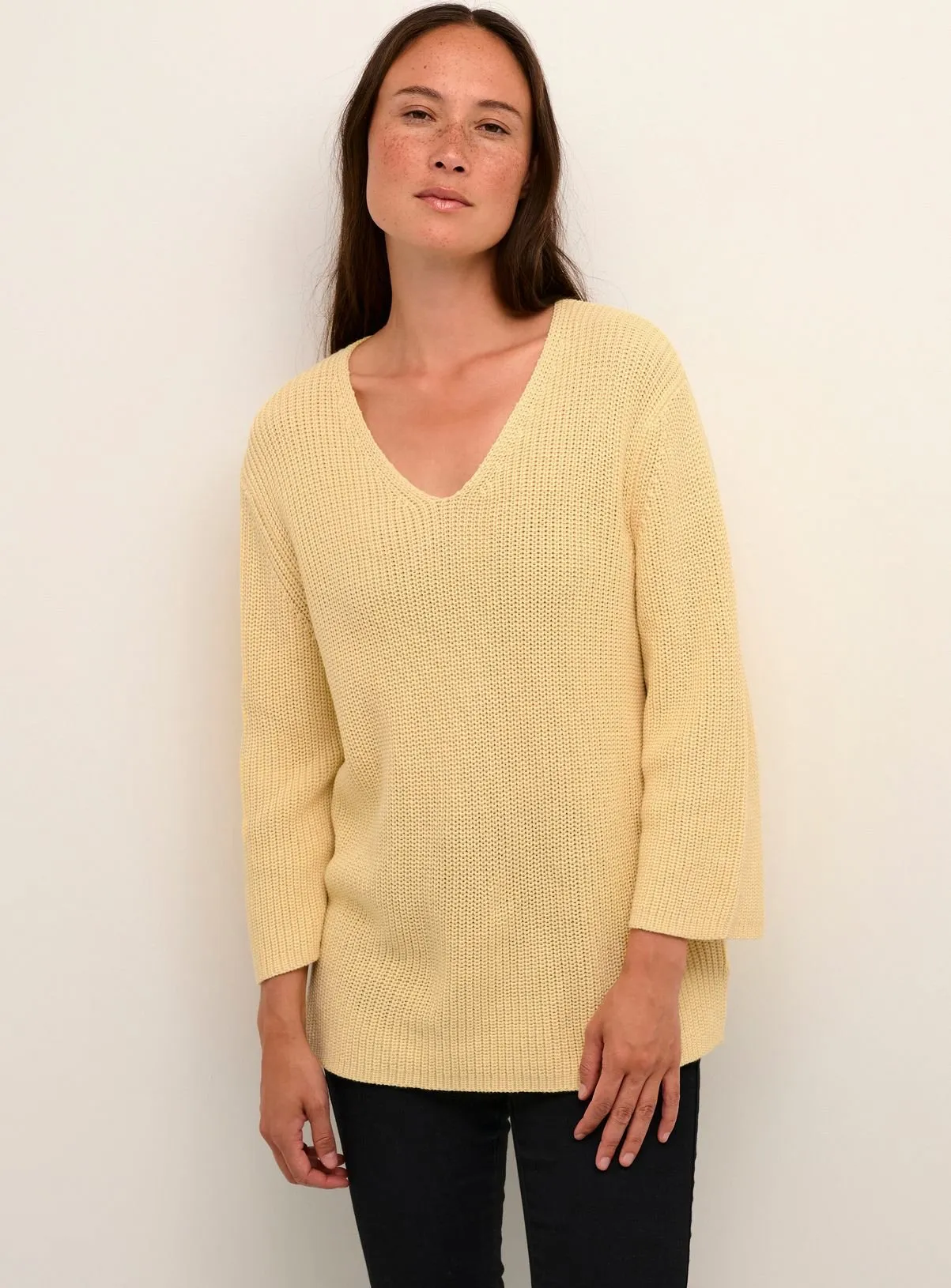 Yellow XS V Neck Cropped Sleeve Pullover by KAFFE