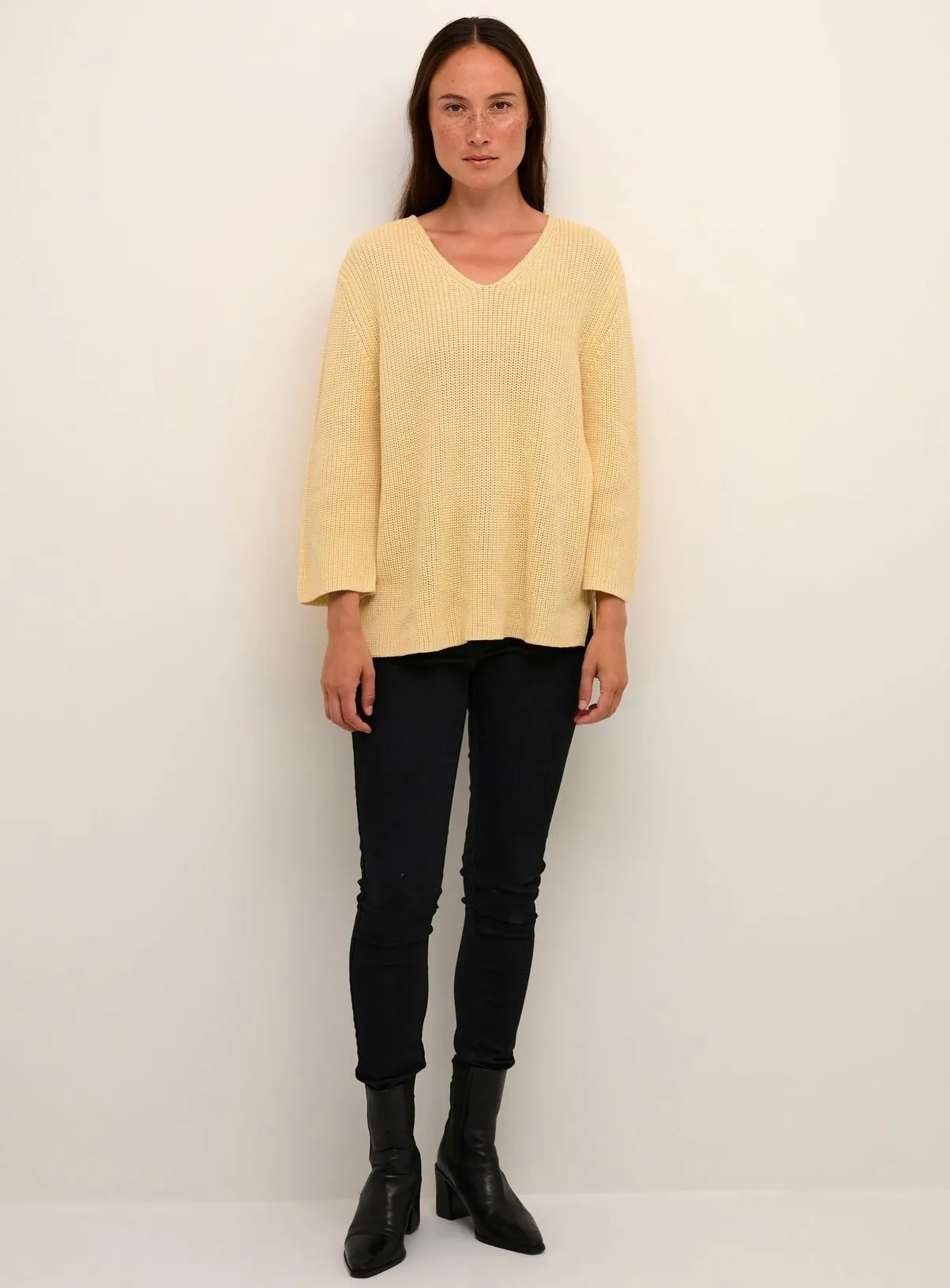 Yellow XS V Neck Cropped Sleeve Pullover by KAFFE