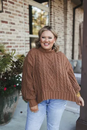 Camel Cable Knit Turtleneck Poncho