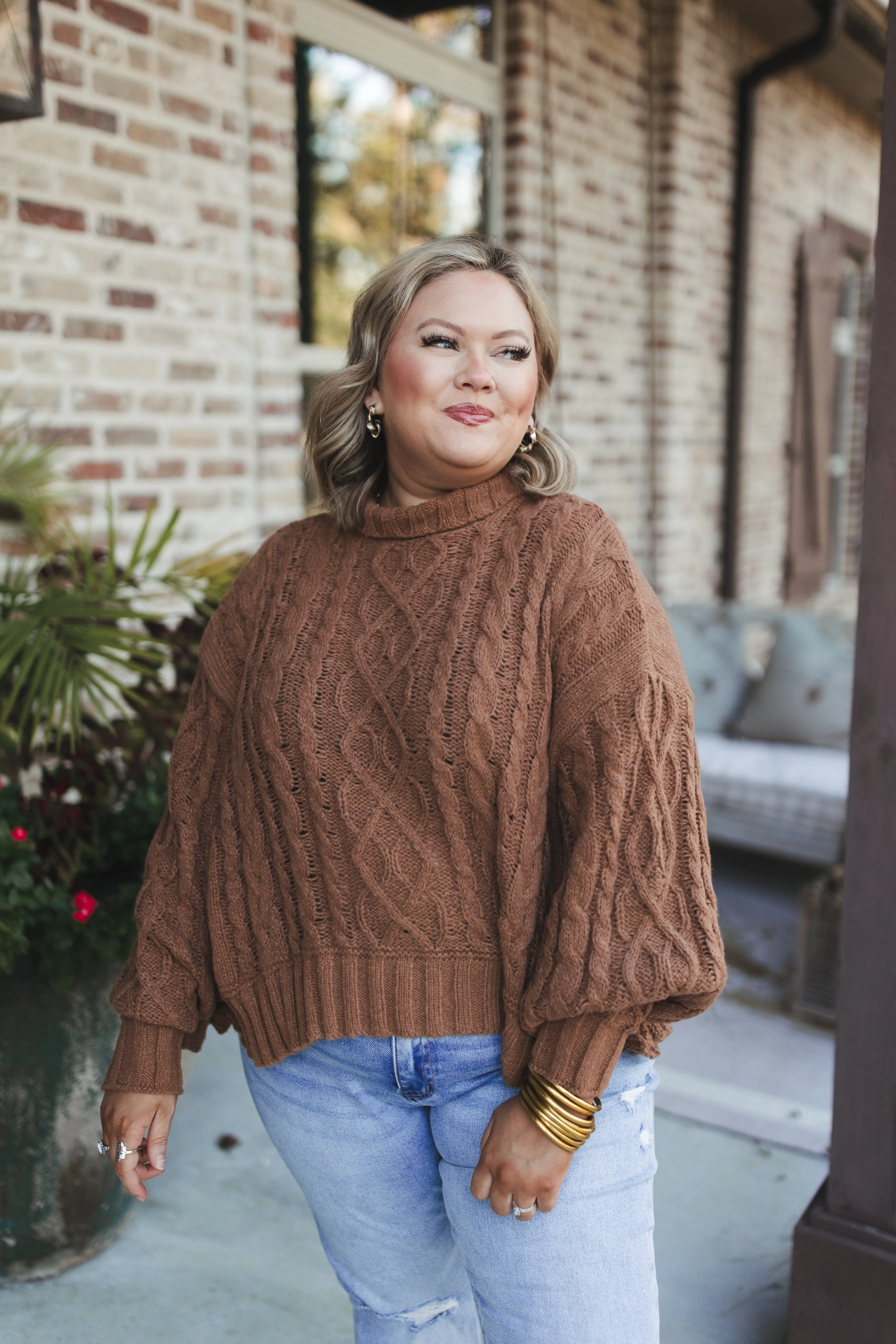 Camel Cable Knit Turtleneck Poncho