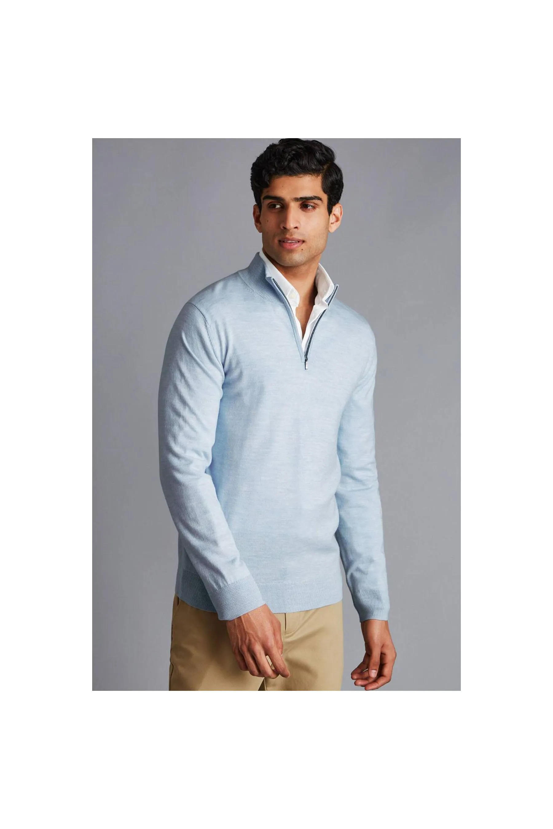 Light Blue Pure Merino Zip Neck Jumper  Sky Blue Men Jumpers