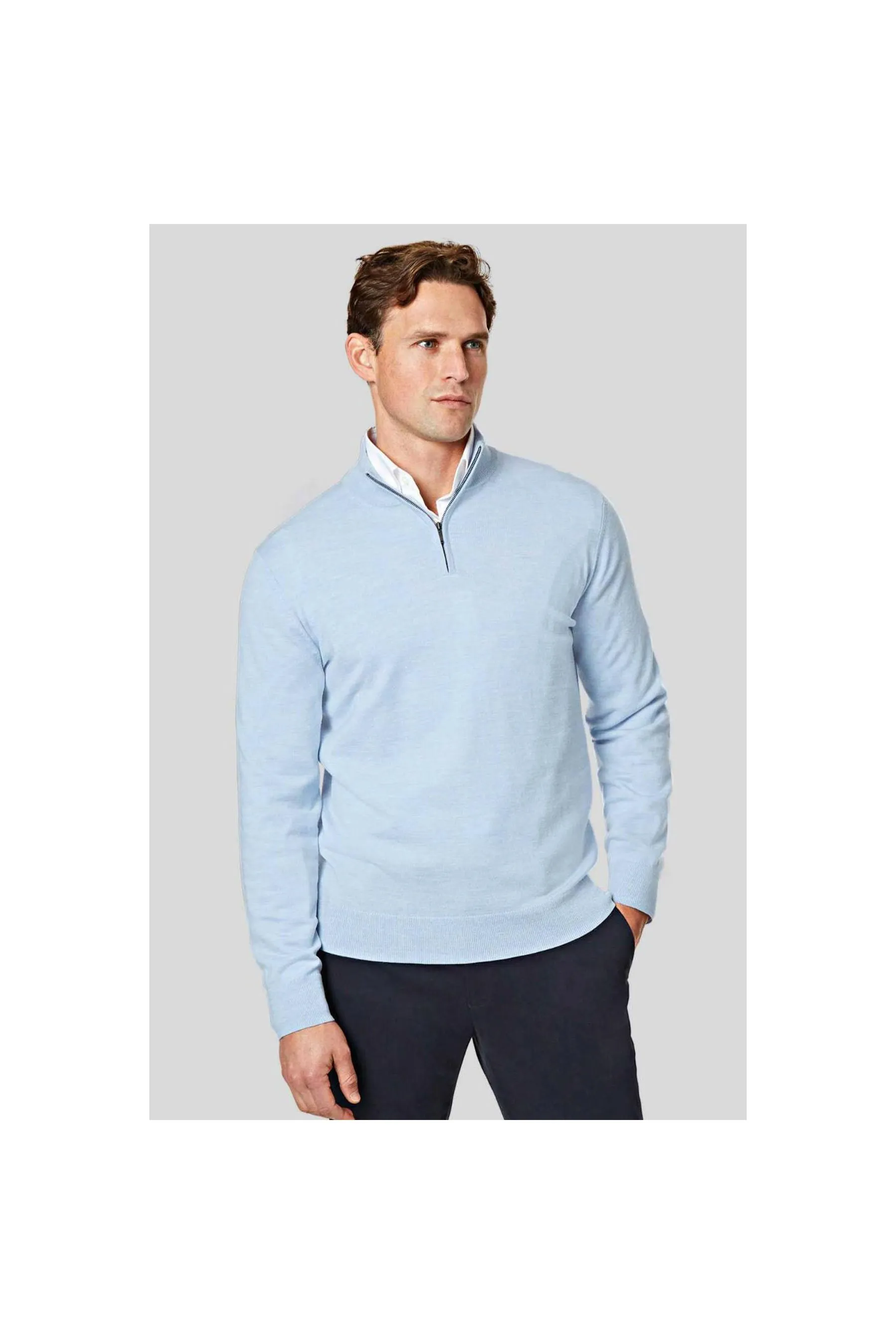 Light Blue Pure Merino Zip Neck Jumper  Sky Blue Men Jumpers