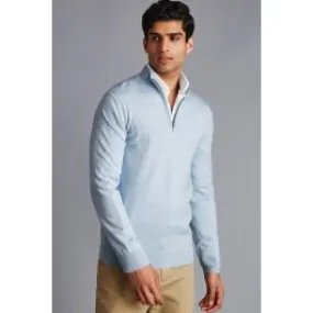 Light Blue Pure Merino Zip Neck Jumper  Sky Blue Men Jumpers