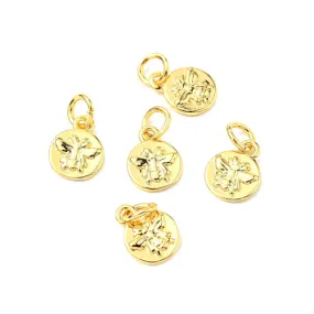 Charms, Honey Bee, Flat, Round, With Jump Ring, Gold Plated, Brass, 10mm