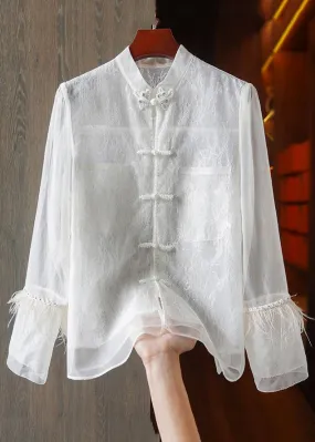 Chinese Lace Patchwork Shirt White Feathers Long Sleeve - QA1055