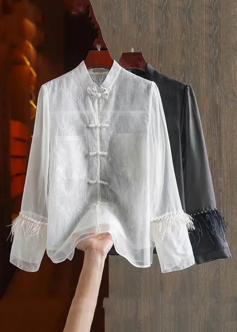 Chinese Lace Patchwork Shirt White Feathers Long Sleeve - QA1055