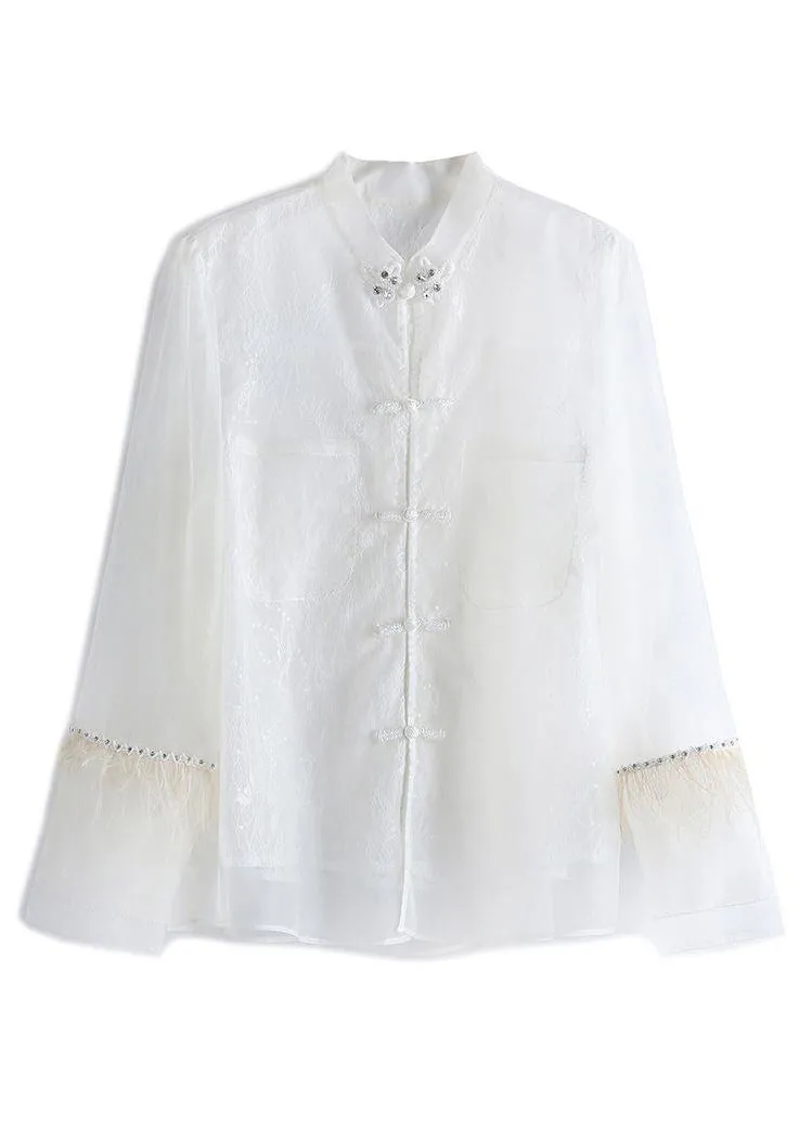 Chinese Lace Patchwork Shirt White Feathers Long Sleeve - QA1055