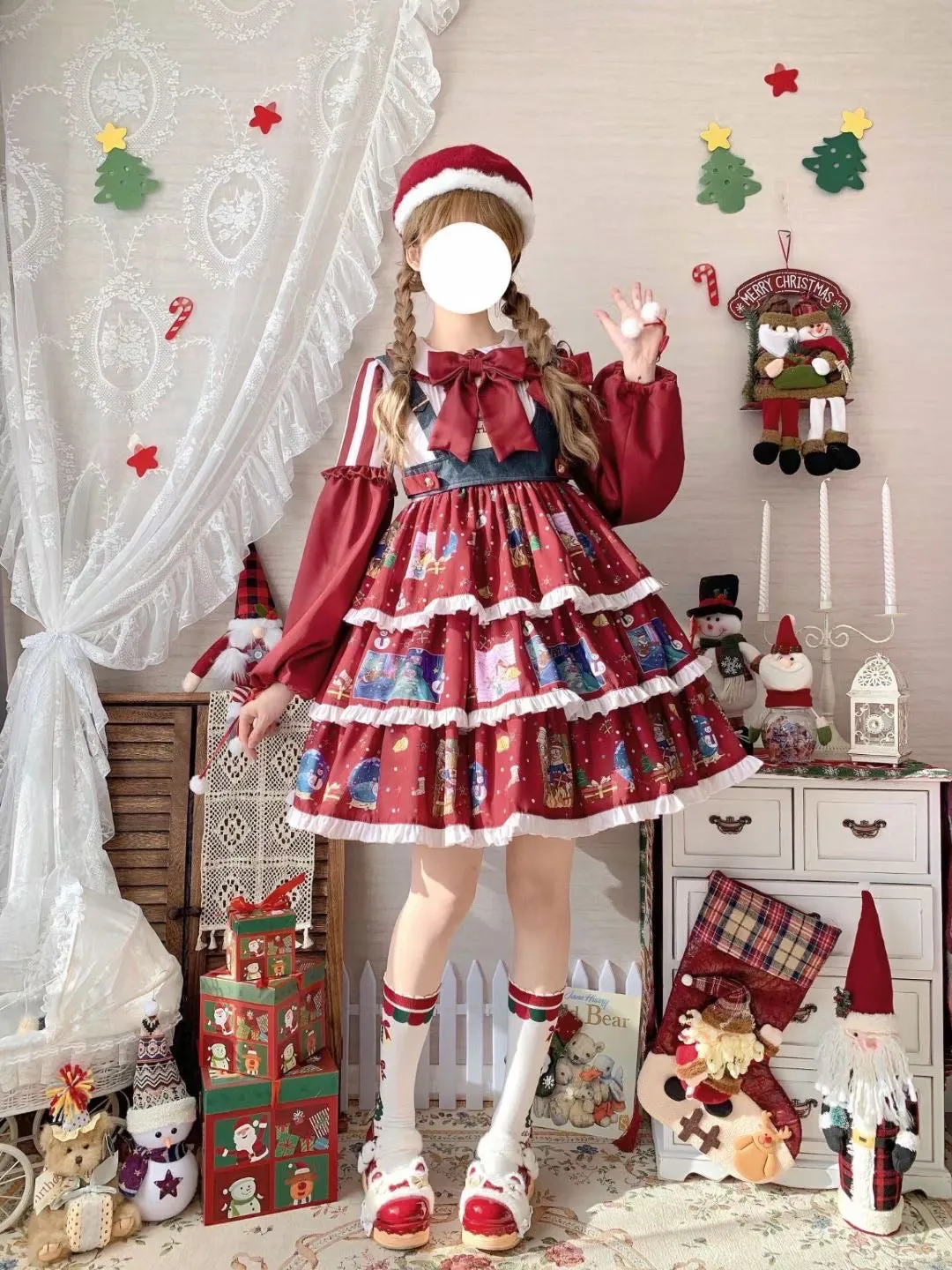 Christmas Lolita Set Dress with Vest and Elk Cloak