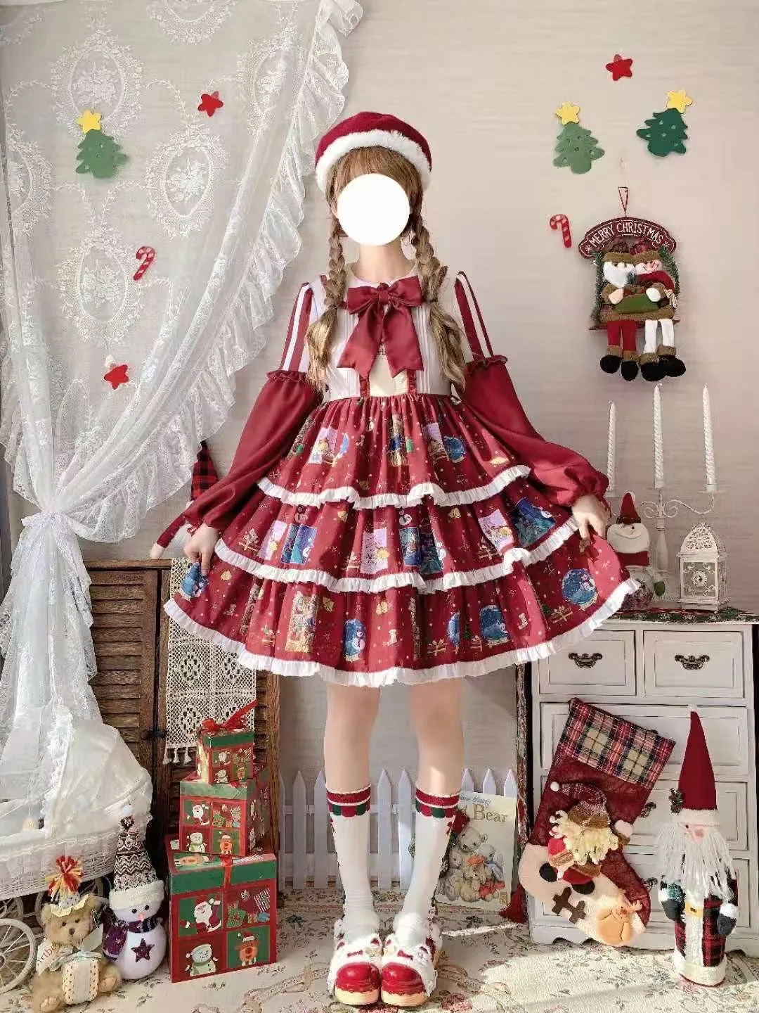 Christmas Lolita Set Dress with Vest and Elk Cloak