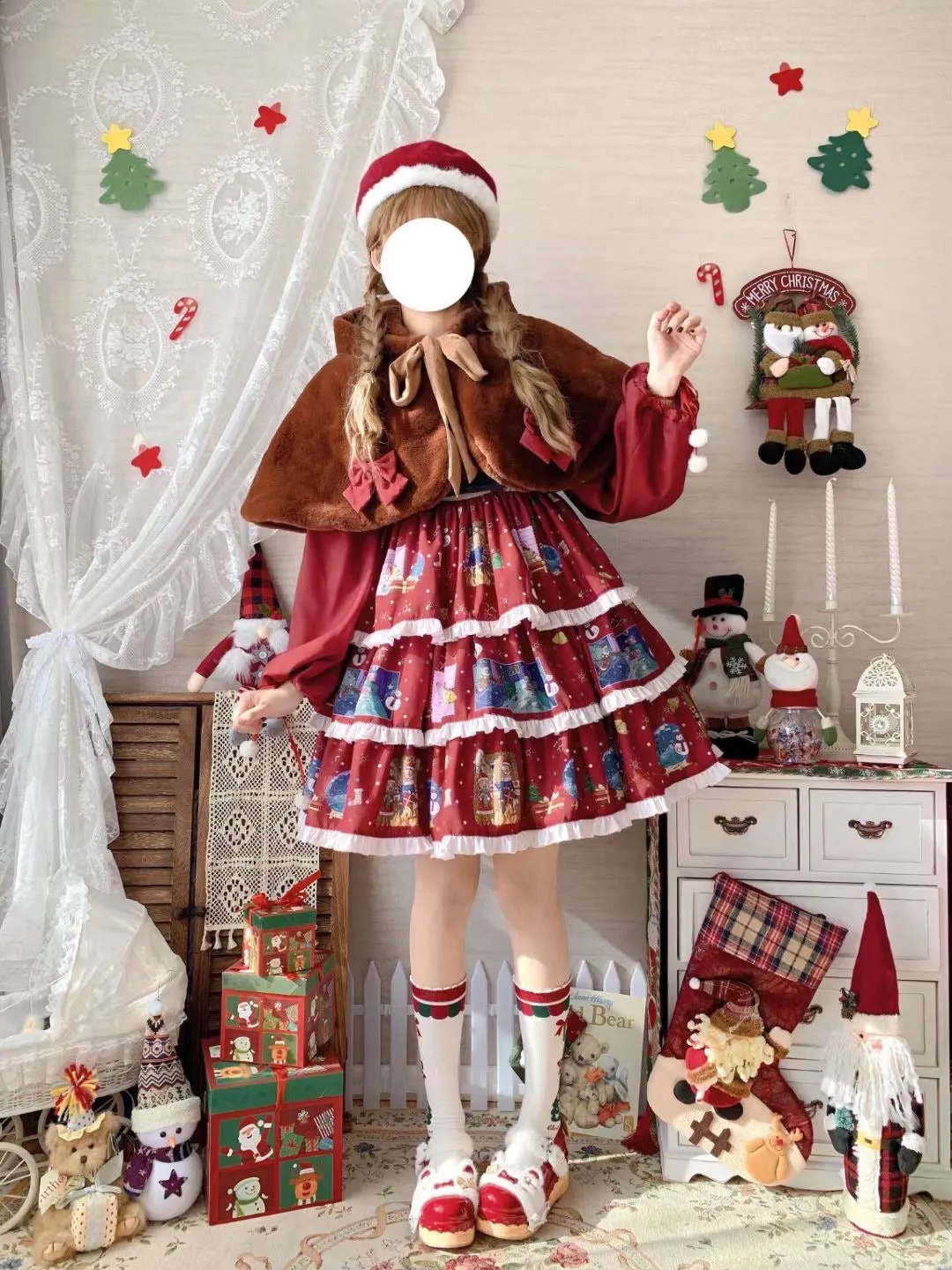 Christmas Lolita Set Dress with Vest and Elk Cloak