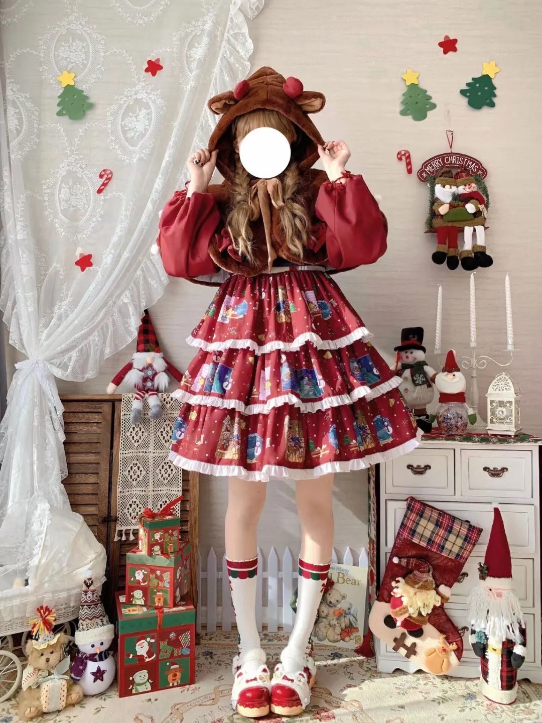 Christmas Lolita Set Dress with Vest and Elk Cloak