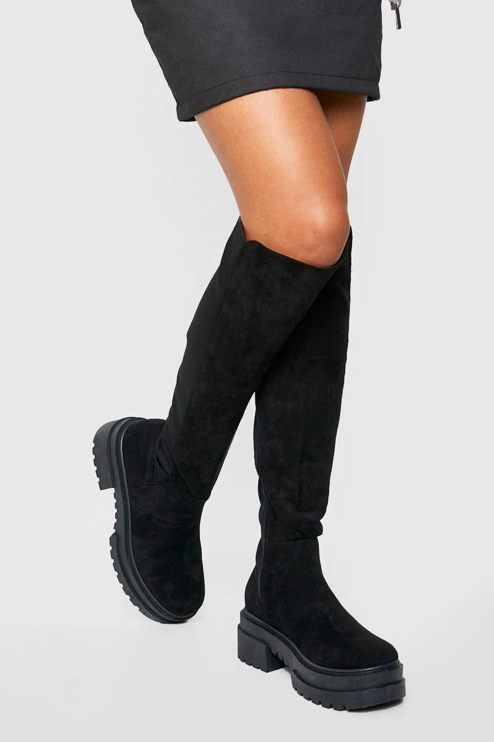 Chunky Lug Knee High Stretch Panel Boots