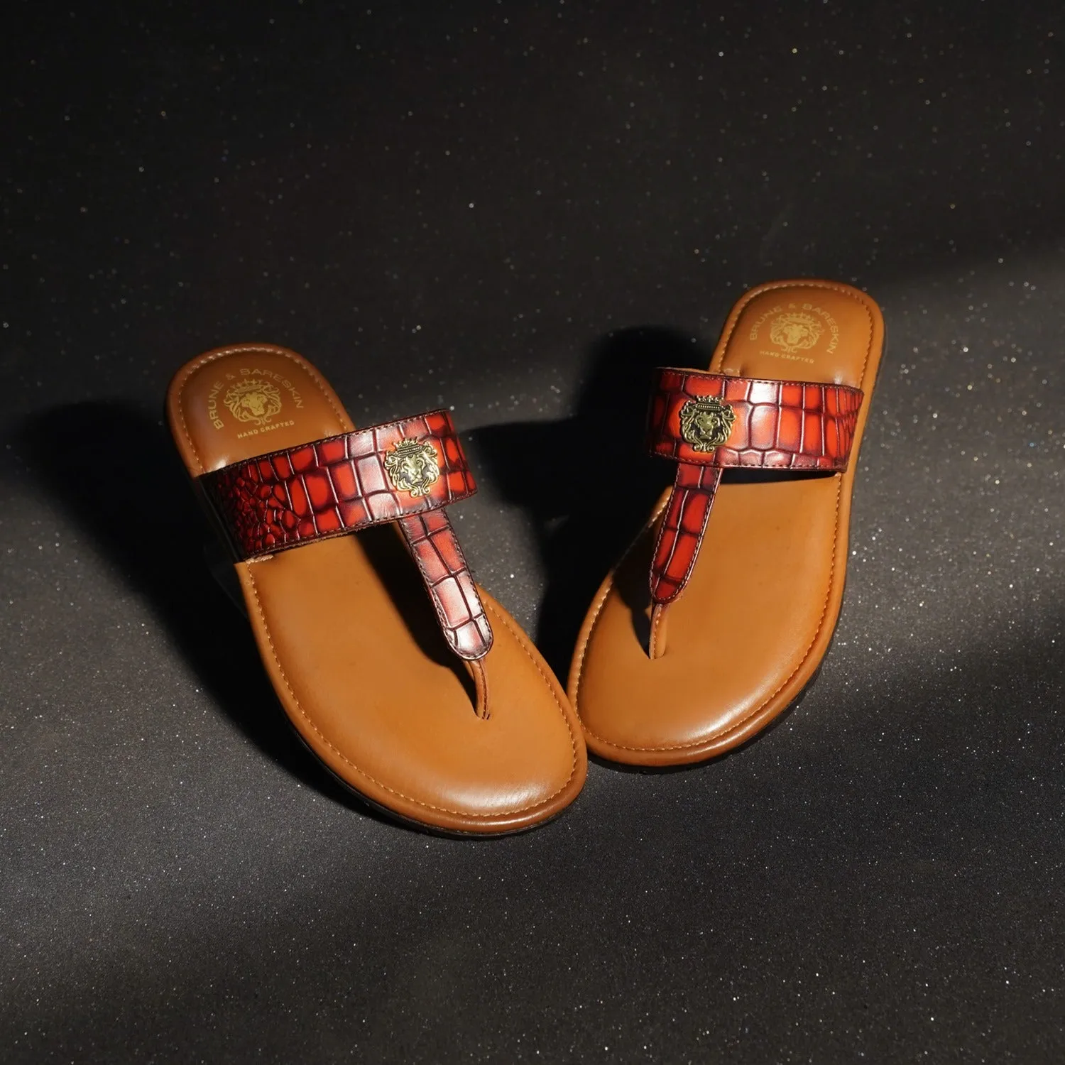 Cognac T- Strap Slippers in Deep Cut Croco Textured Leather