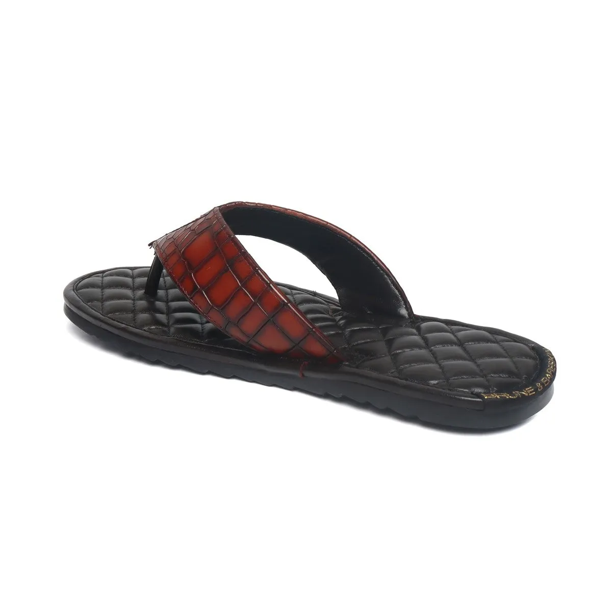 Cognac V- Strap Slide-in Slippers with Diamond Stitched Base in Deep Cut Leather